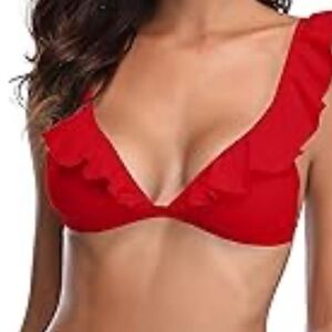 SHEIN Red Ruffle V-Neck Bikini Top size L nwot
